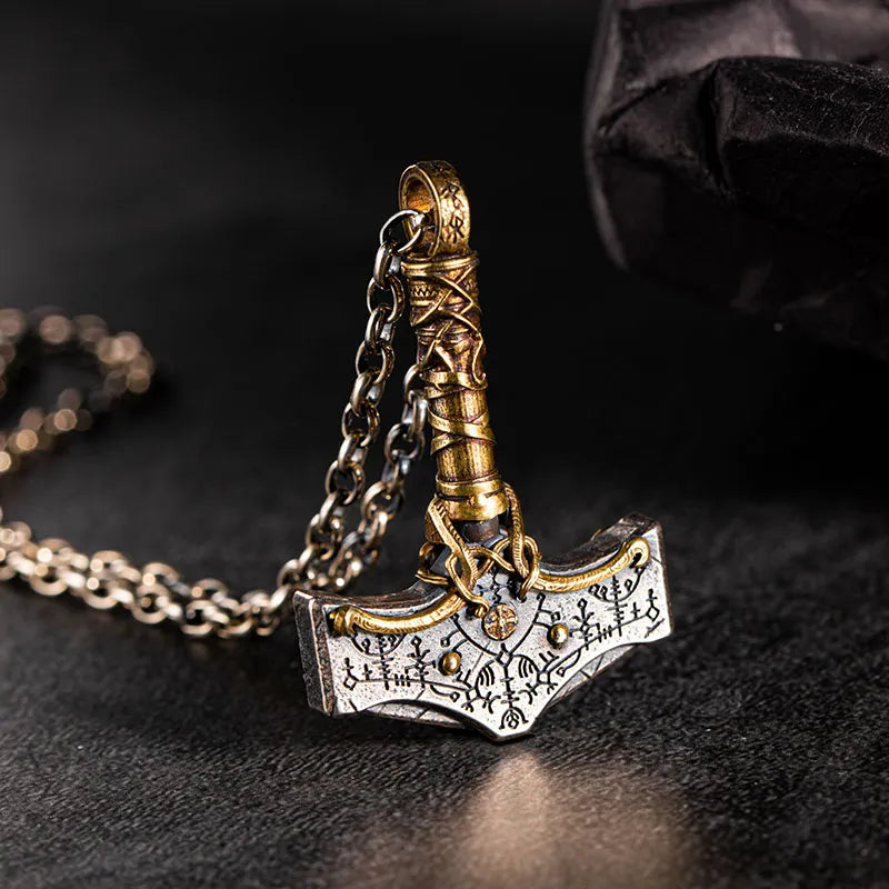 Golden Thunder Mjolnir 925 Sterling Silver Necklace