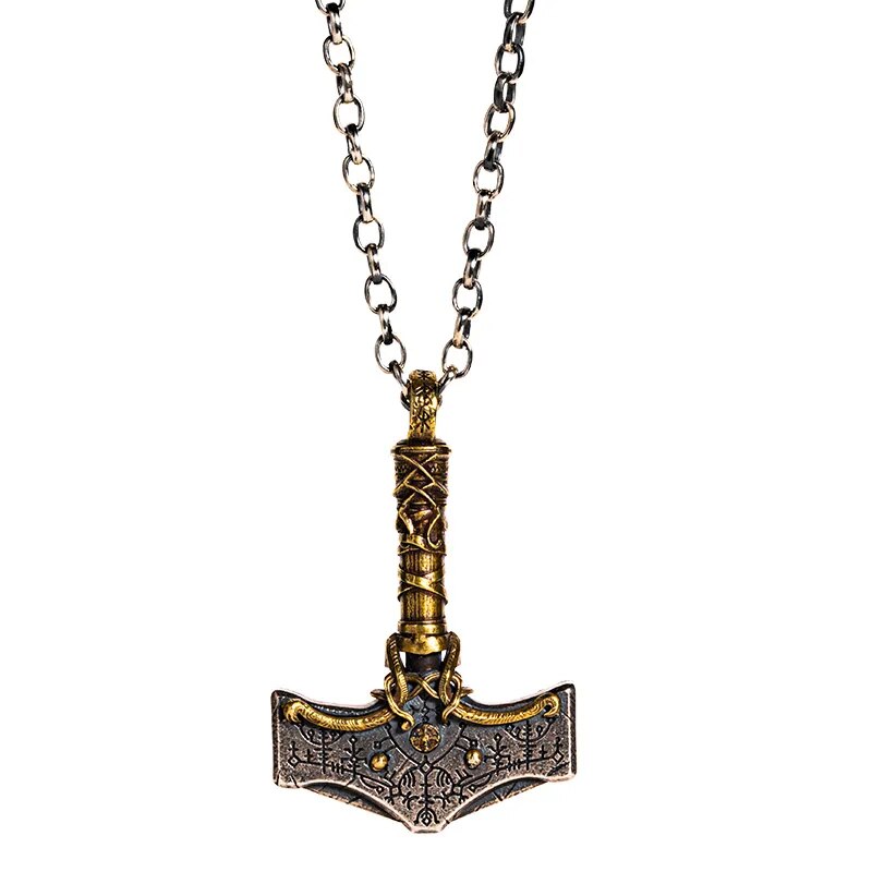 Golden Thunder Mjolnir 925 Sterling Silver Necklace