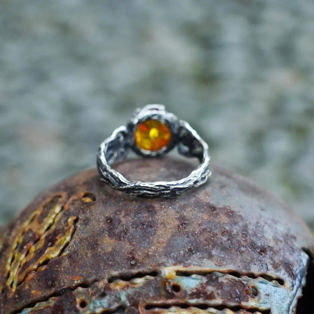 Viking Solstice Flame Amber Ring