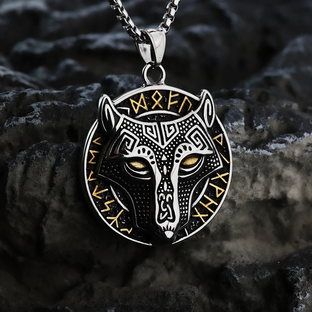 Golden Fury Fenrir Wolf Norse Rune Necklace