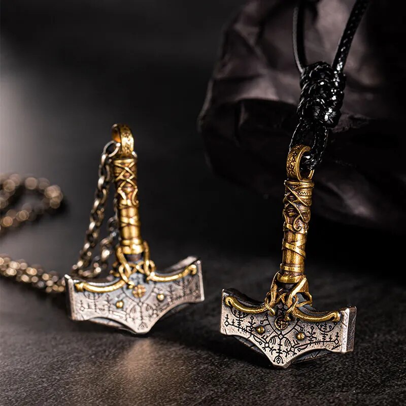 Golden Thunder Mjolnir 925 Sterling Silver Necklace