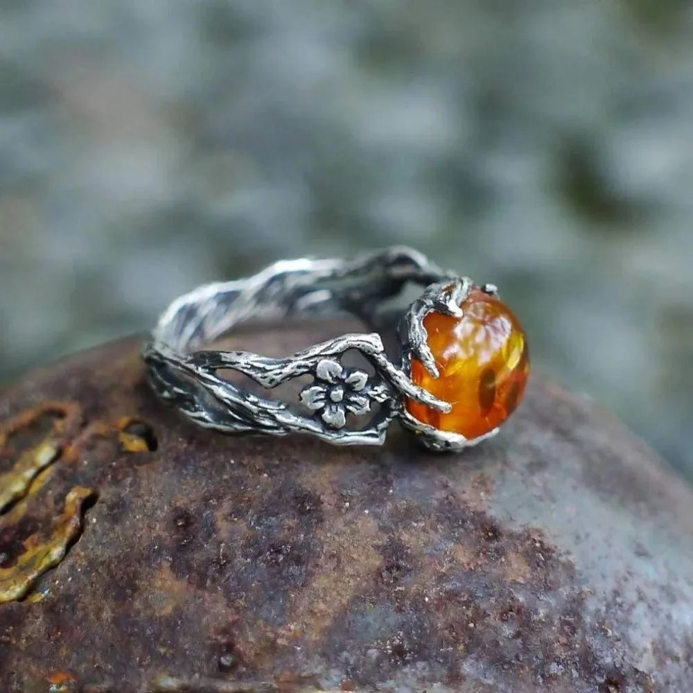 Viking Solstice Flame Amber Ring