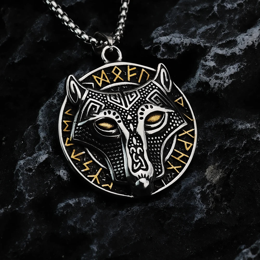 Golden Fury Fenrir Wolf Norse Rune Necklace