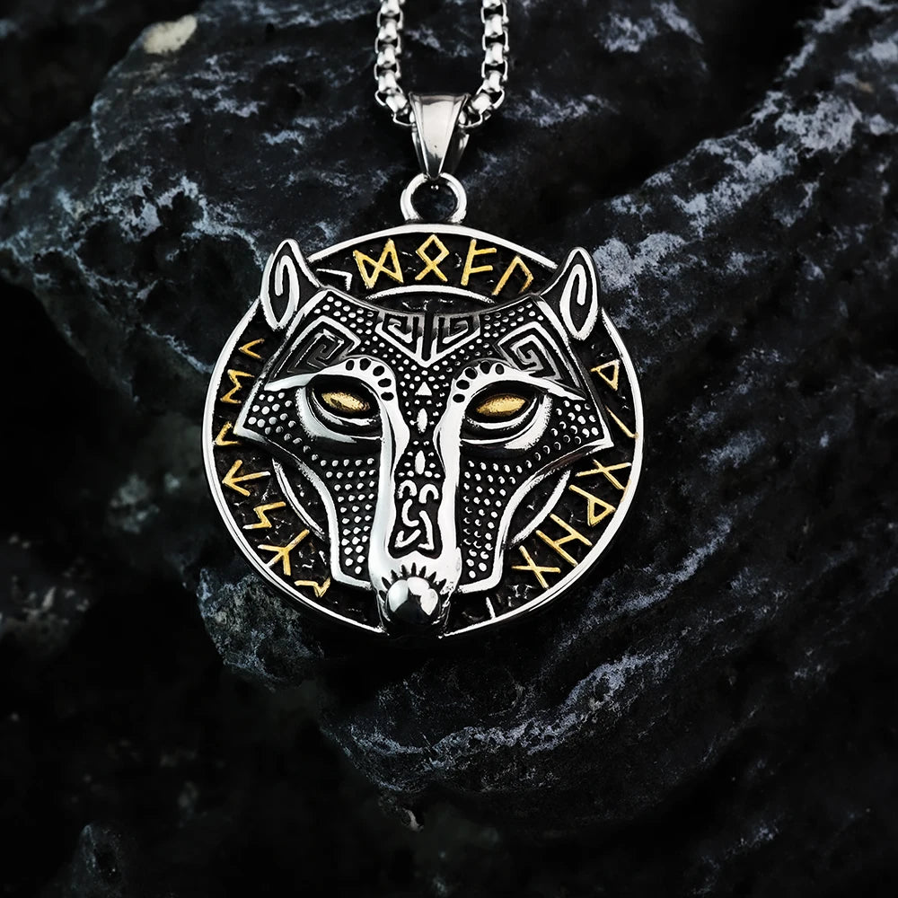 Golden Fury Fenrir Wolf Norse Rune Necklace