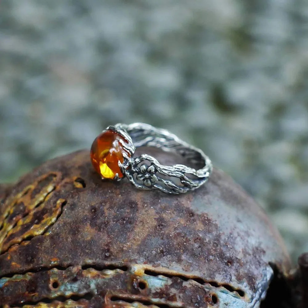 Viking Solstice Flame Amber Ring