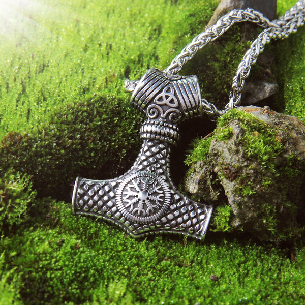 Thor Hammer Viking Necklace For Men - Stainless Steel Mjolnir Pendant With Helm Of Awe, 60cm Chain
